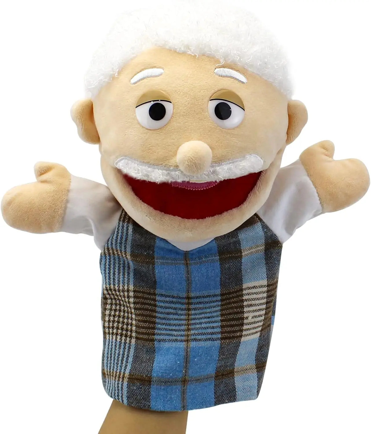 A soft hand puppet with a white fluffy head and a plaid blue tartan shirt.