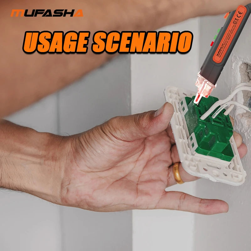 A hand is holding a green non-contact AC voltage detector pen against a white wall surface.