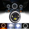 Close-up view of a 7-inch motorcycle LED headlight with angel eyes and daytime running lights