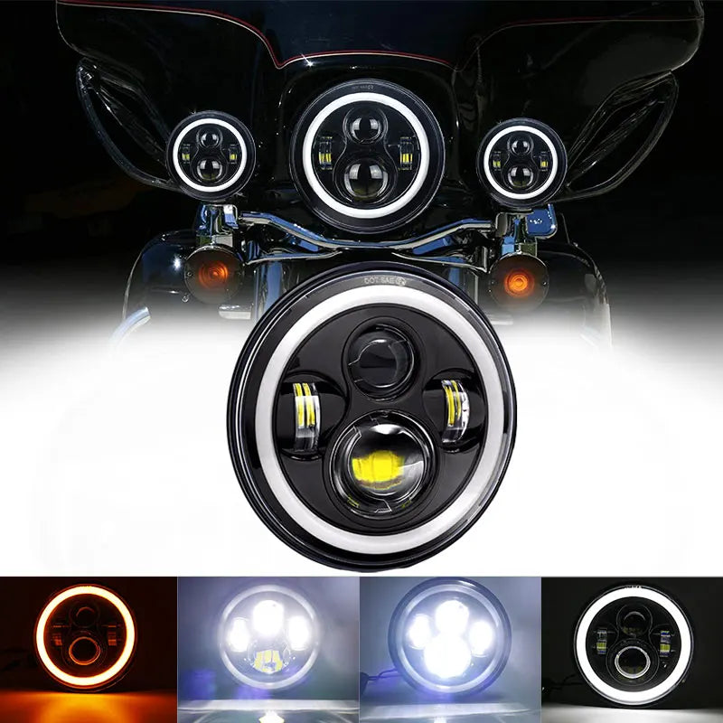 Close-up view of a 7-inch motorcycle LED headlight with angel eyes and daytime running lights