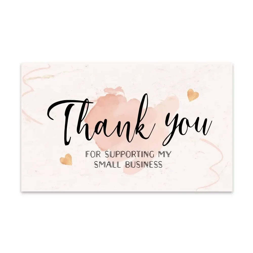 A greeting card design with the text Thank you for supporting my small business in elegant script and watercolor pink accents