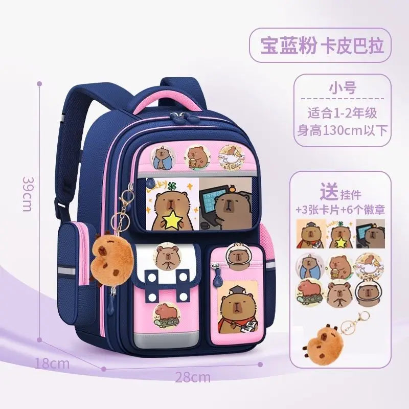 A purple and pink Capybara Kids School Backpack for children, showing various cute animal designs.