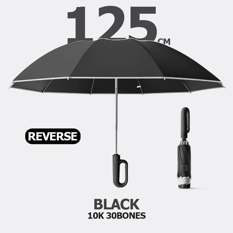 Auto Reverse-Folding Umbrella with Reflective Stripe & Carabiner Handle