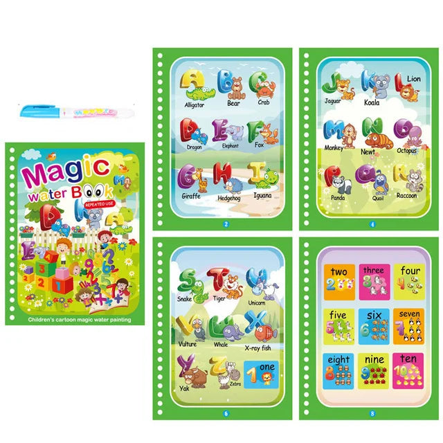 A set of eight pages of a reusable water drawing book for children featuring various animals and letters.