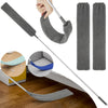 A retractable microfiber gap cleaning duster with a flexible head shown in various forms and usage.