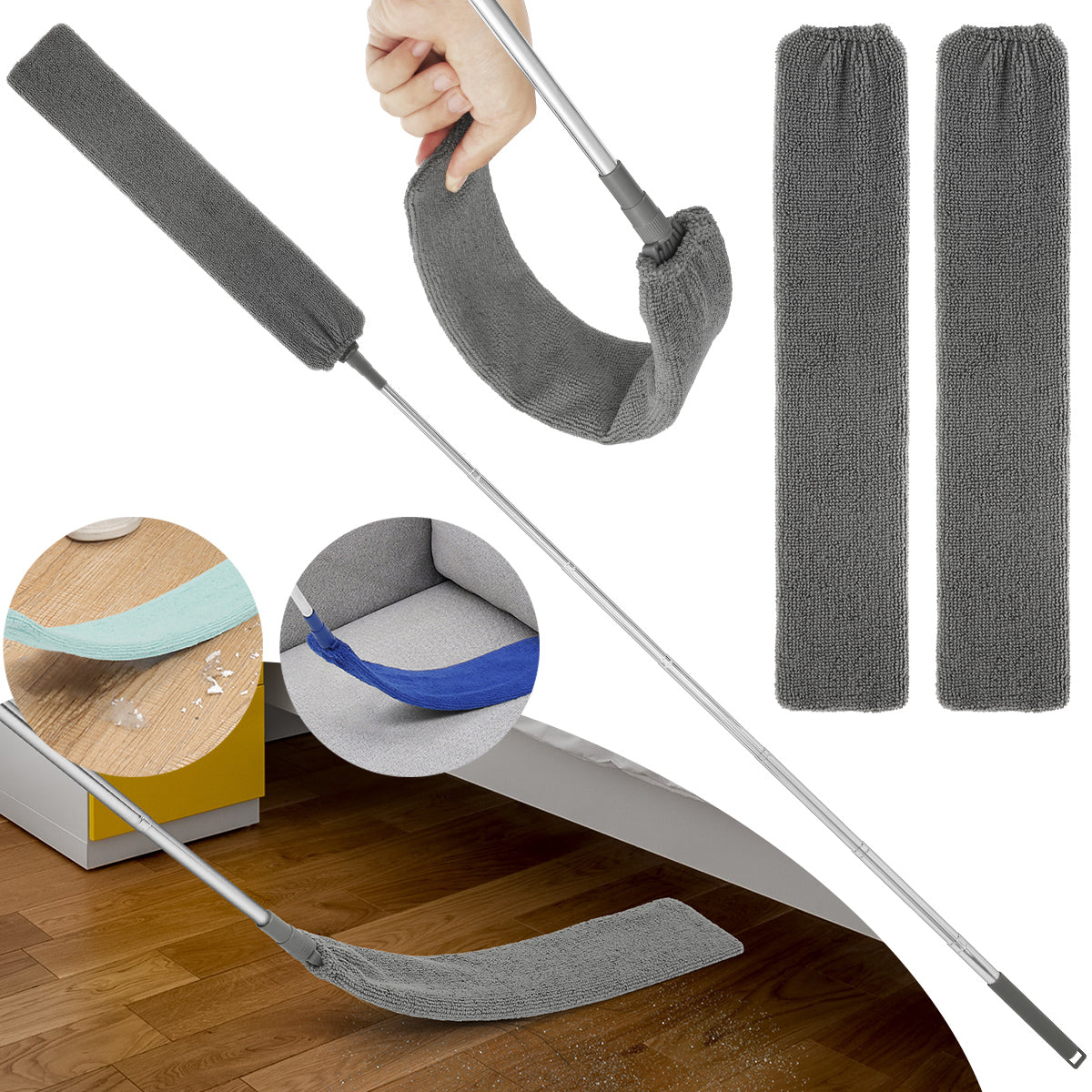 A retractable microfiber gap cleaning duster with a flexible head shown in various forms and usage.