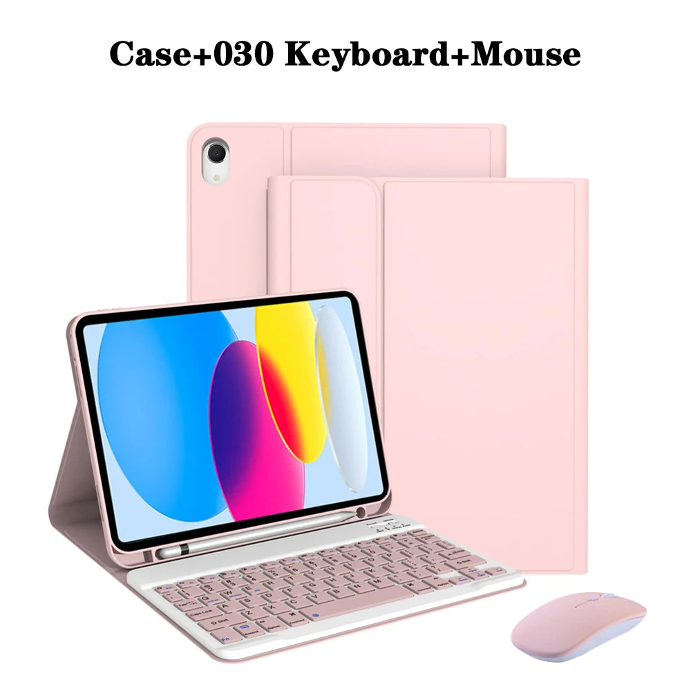 Pink detachable wireless keyboard and mouse case for an iPad laptop setup