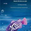 A purple robotic fish toy with pink fins swimming in blue water.