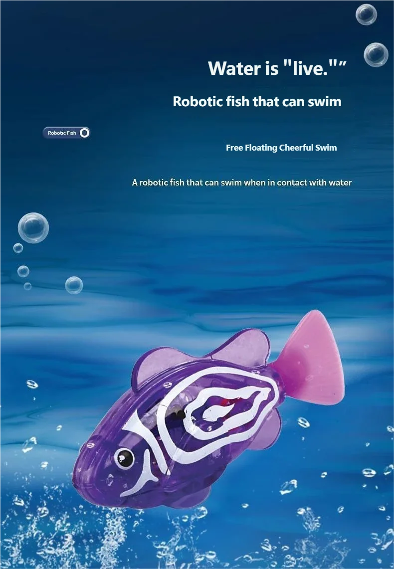 A purple robotic fish toy with pink fins swimming in blue water.