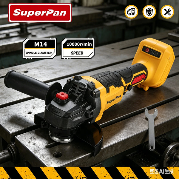 Yellow SuperPan cordless angle grinder with an M14 spindle diameter and 10000rpm speed on a metal surface.