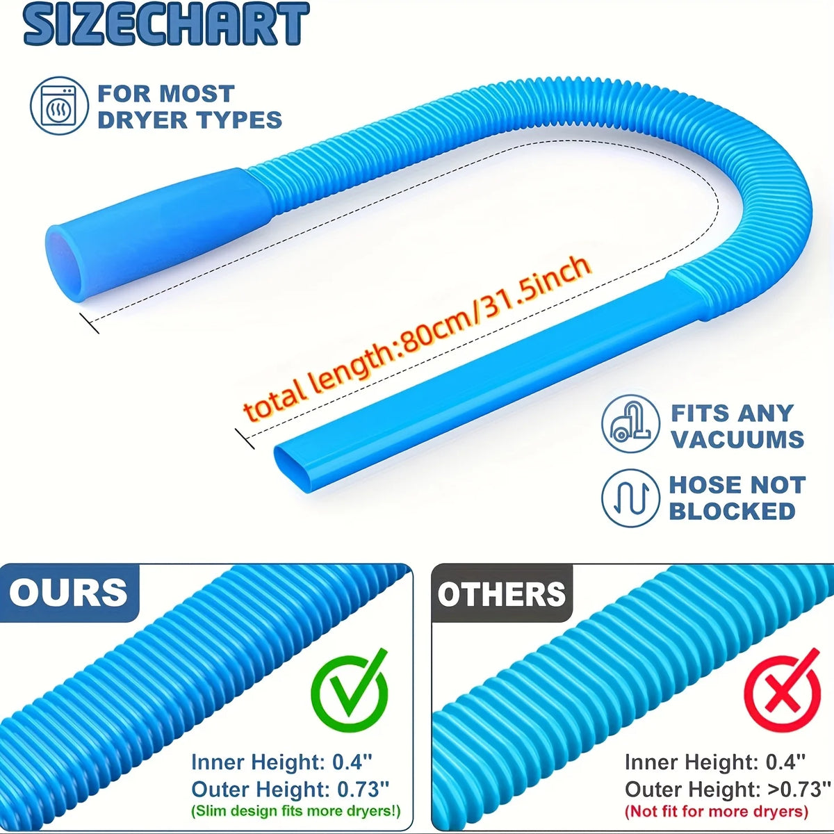 Blue flexible dryer vent cleaning hose with elastic connector designed for most dryer types.