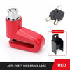 Red anti-theft disc brake lock with a lever and key, shown next to the lock rack.