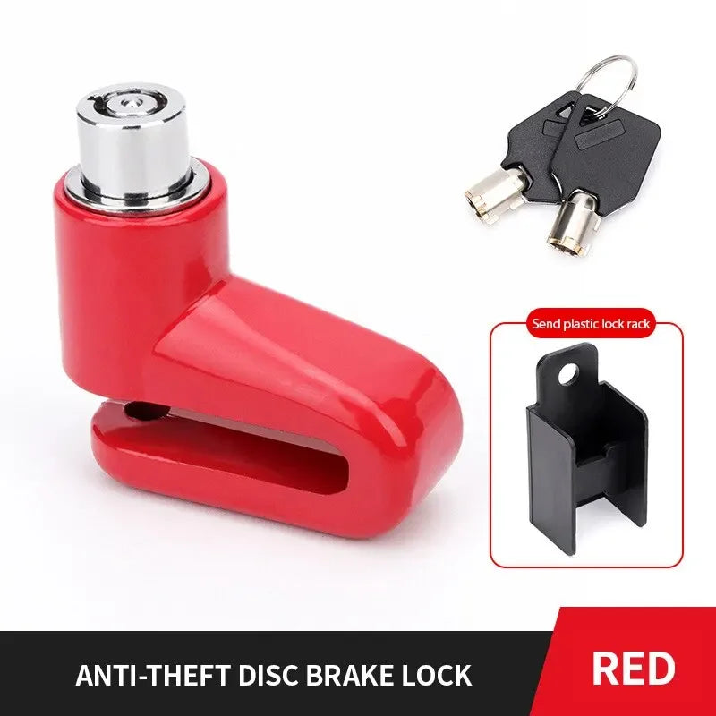 Red anti-theft disc brake lock with a lever and key, shown next to the lock rack.