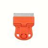 An orange compact multi-purpose scraper tool with a metal blade for removing stickers, glue, and paint.