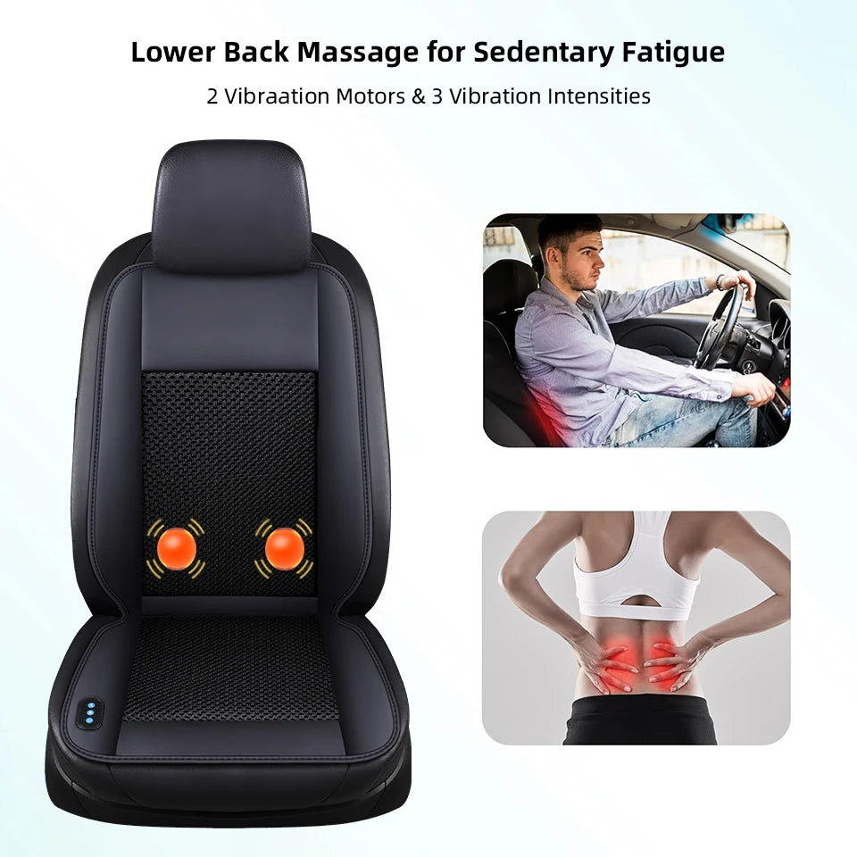 Black car seat cushion with massage features for lower back relief and fatigue.