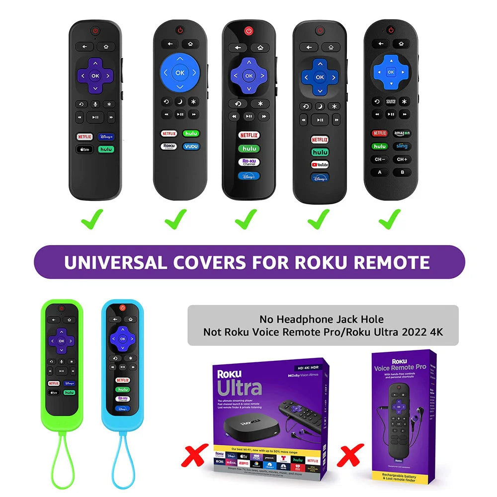 Universal covers for Roku remote controls shown in various colors and designs
