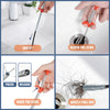 A set of drain clog remover and hair catcher cleaning tools demonstrating how to insert, reach, grab, and gently pull out a c