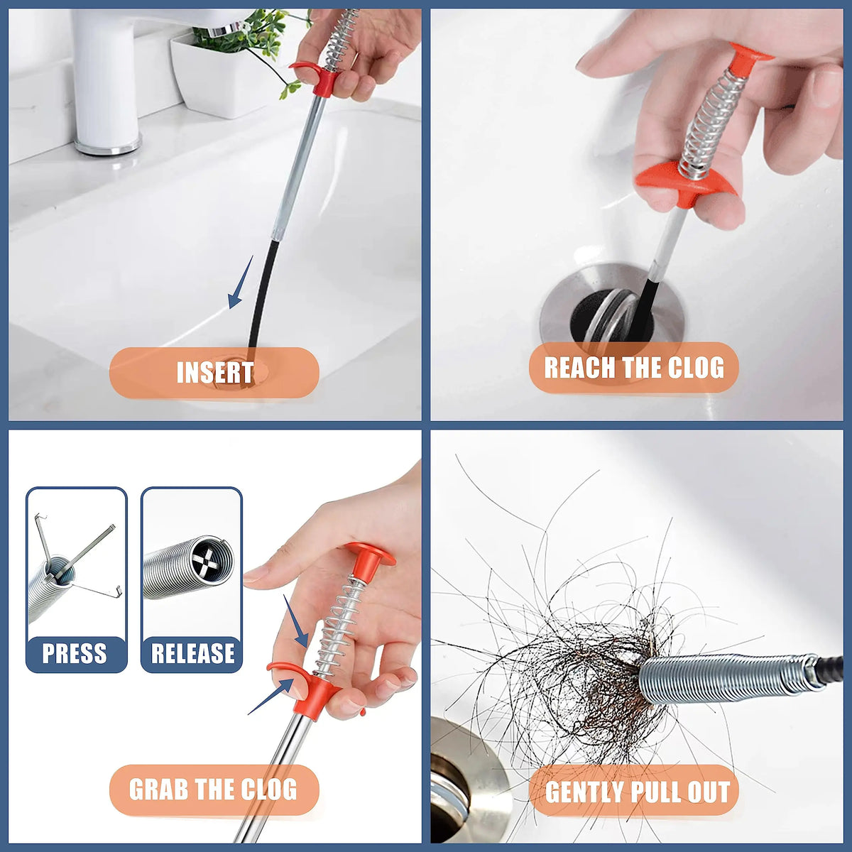 A set of drain clog remover and hair catcher cleaning tools demonstrating how to insert, reach, grab, and gently pull out a c