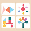 Four square puzzles featuring colorful geometric shapes and rainbow colors.