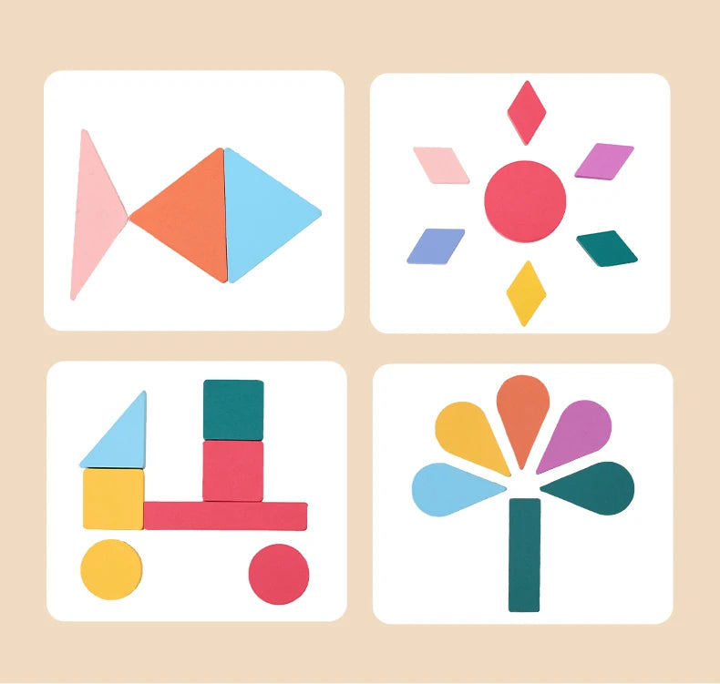 Four square puzzles featuring colorful geometric shapes and rainbow colors.