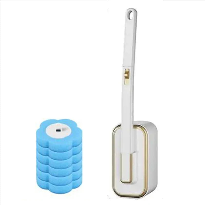 A white disposable toilet brush set with an automatic lid and replacement heads shown next to a blue cleaning head.