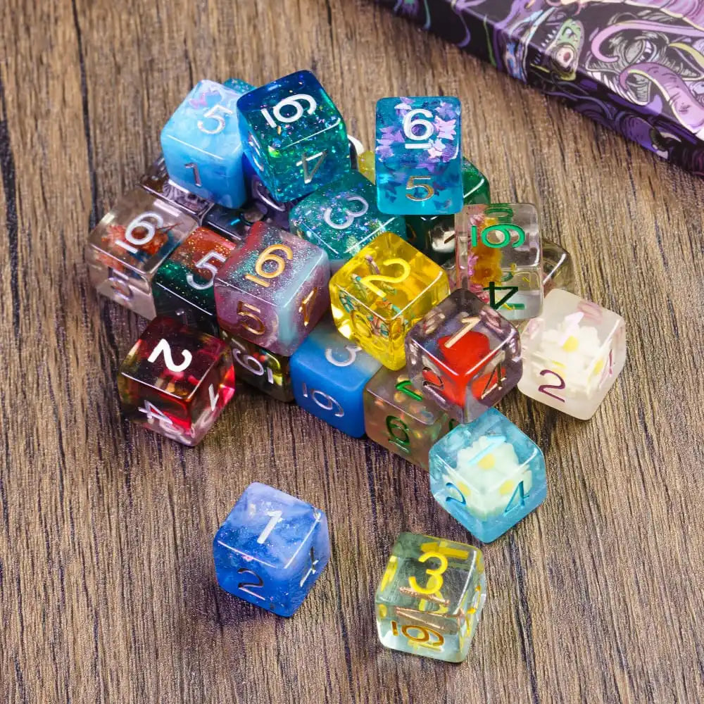 A collection of seven colorful polyhedral resin dice scattered on a wooden surface.