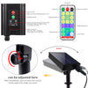 A solar powered LED string light fixture with adjustable angle and various power modes shown alongside a solar panel setup.