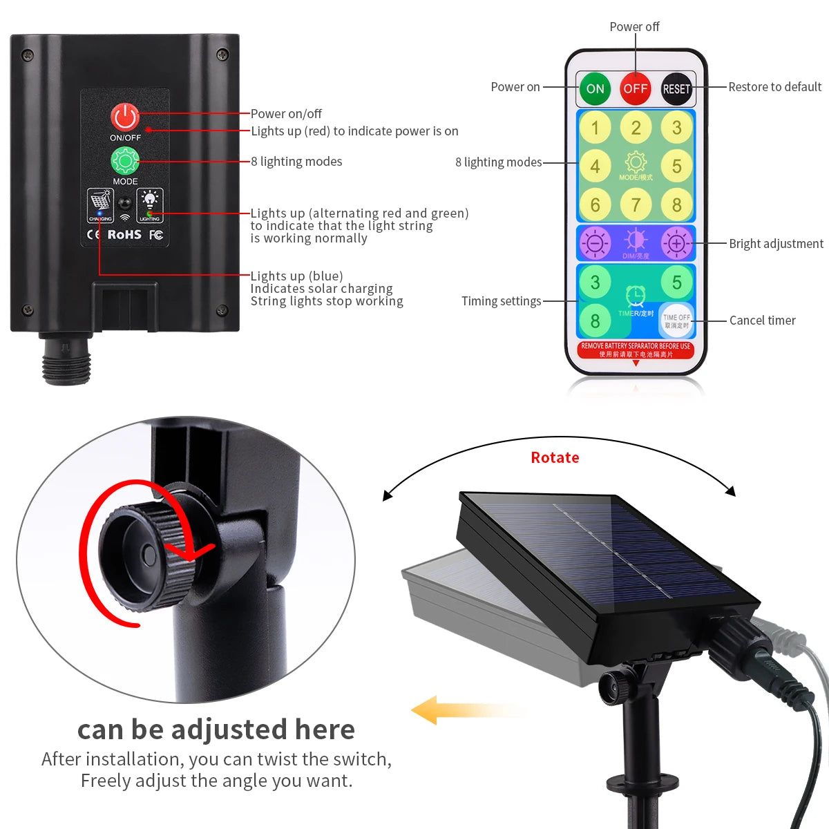 A solar powered LED string light fixture with adjustable angle and various power modes shown alongside a solar panel setup.