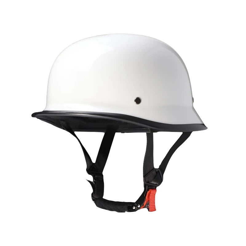White lightweight half helmet with a black visor and attached goggles for motorcycle or scooter riders