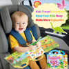 A toddler is seated in a car seat holding reusable jelly sticker books featuring animal and ocean themes.