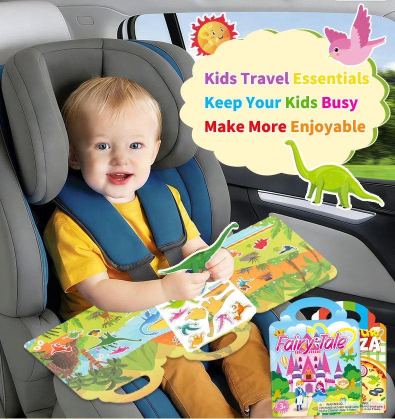 A toddler is seated in a car seat holding reusable jelly sticker books featuring animal and ocean themes.