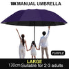 Purple large manual umbrella open above three people