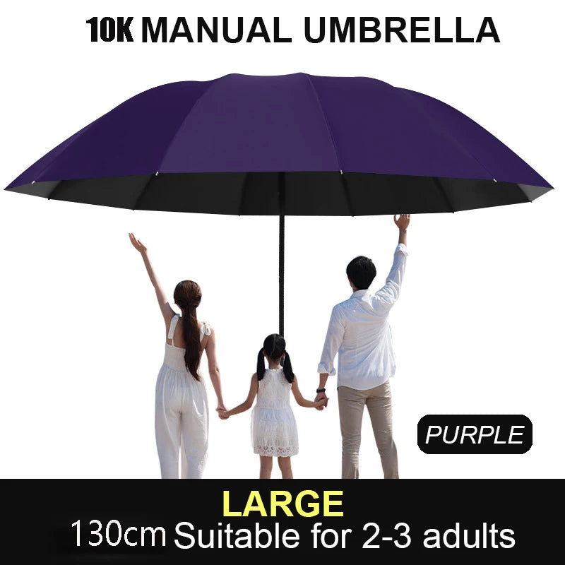 Purple large manual umbrella open above three people