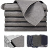 A stack of gray microfiber cleaning cloths for glass, kitchen, and car use.