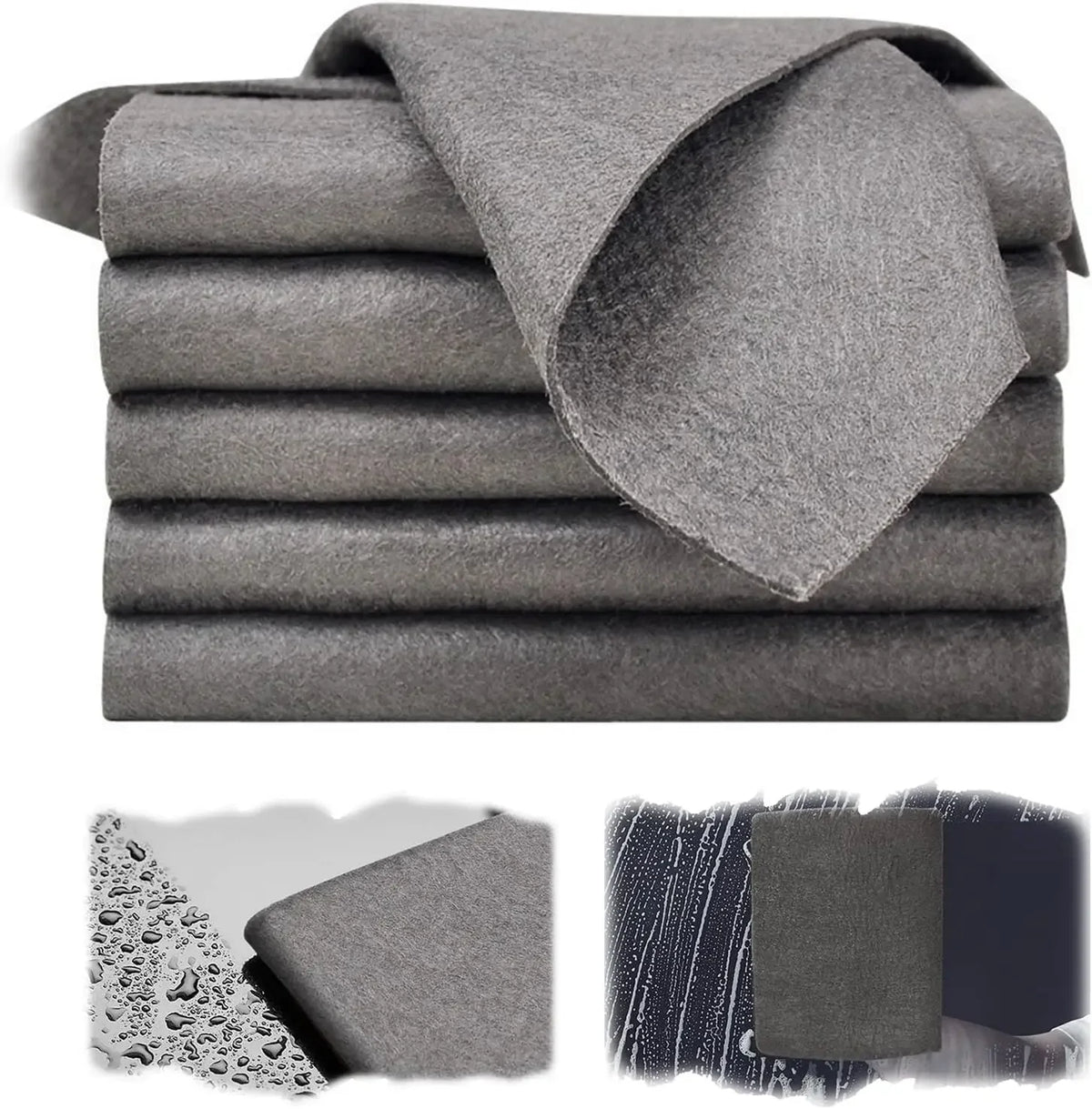 A stack of gray microfiber cleaning cloths for glass, kitchen, and car use.