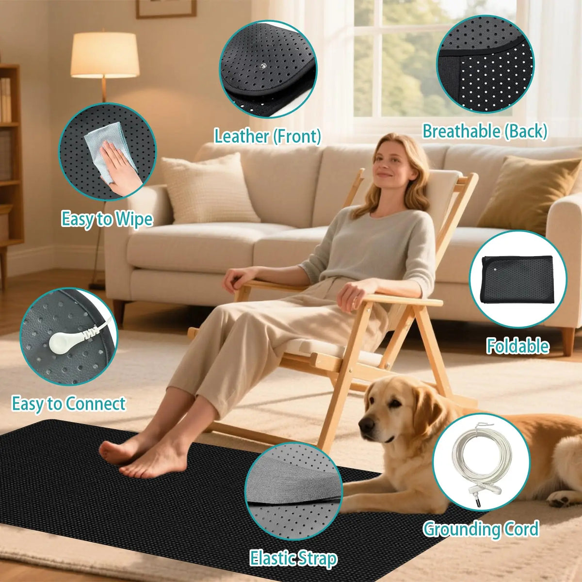 Tapis de sol conducteur avec face en cuir, dos respirant, design pliable et élastique