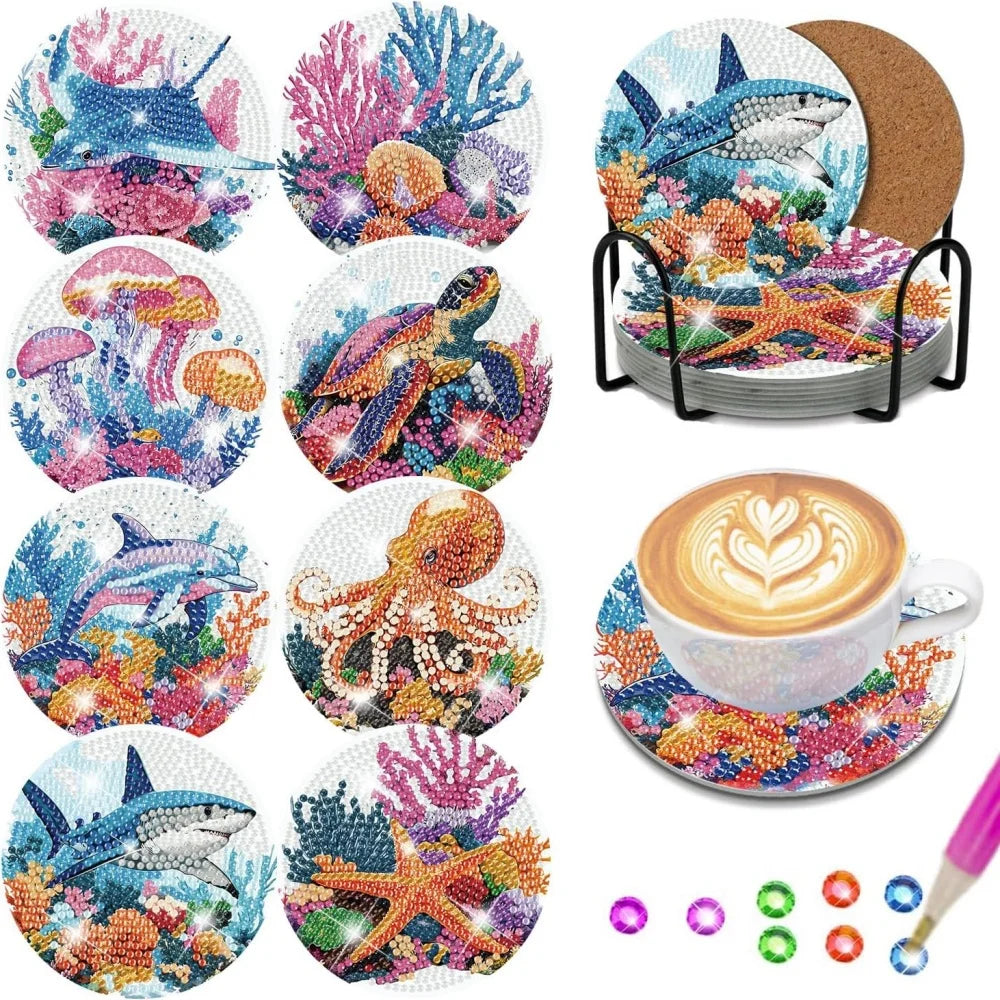 DIY Diamond Art Coaster Set with Holder – 8 Acrylic Coasters for Home Decor and Gifting