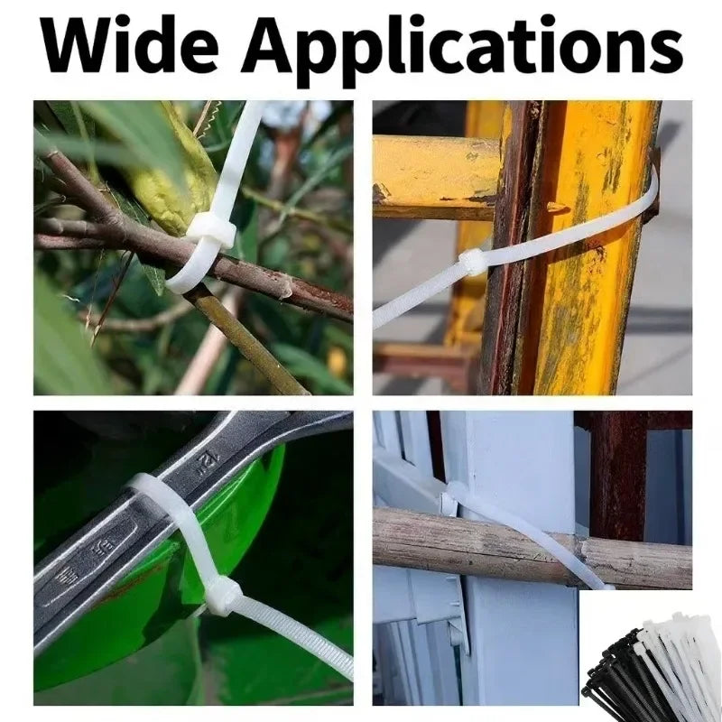 Close-up images showing heavy-duty nylon cable ties used for various applications like plant support and securing structures.