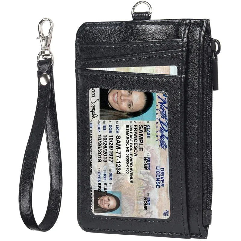 Premium PU Leather Badge Holder with Zipper and Lanyard