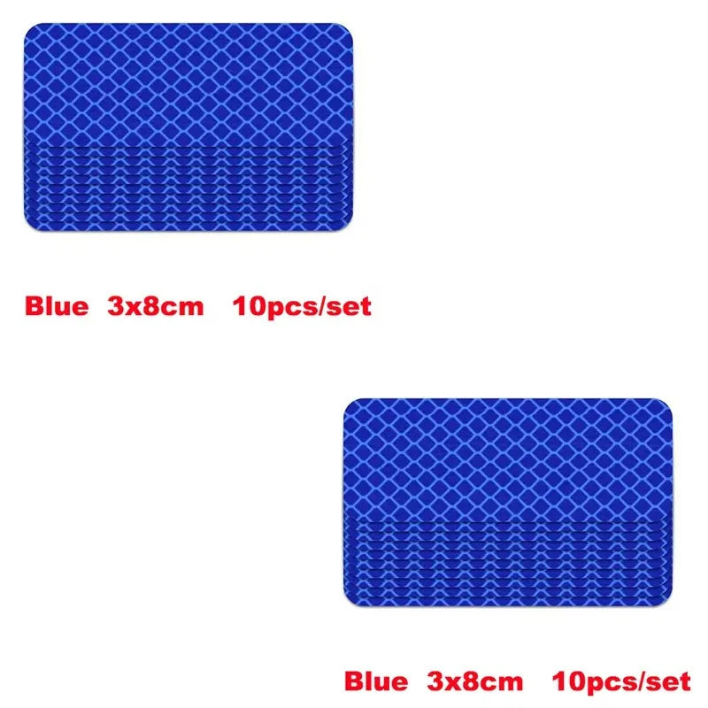 Blue reflective strip stickers for car safety, 3x8cm size, sold in a set of 10 pieces.