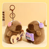 A brown capybara plush toy with headphones is shown next to a guitar-shaped keychain.