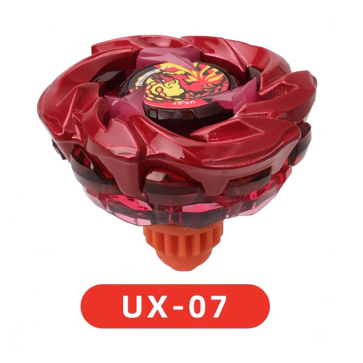 A red metal spinning top battle toy with a launcher and a yellow dragon design.