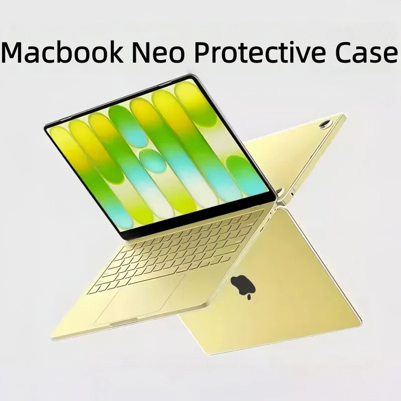 A yellow laptop is shown with a protective case featuring green and yellow colored silicone inserts.
