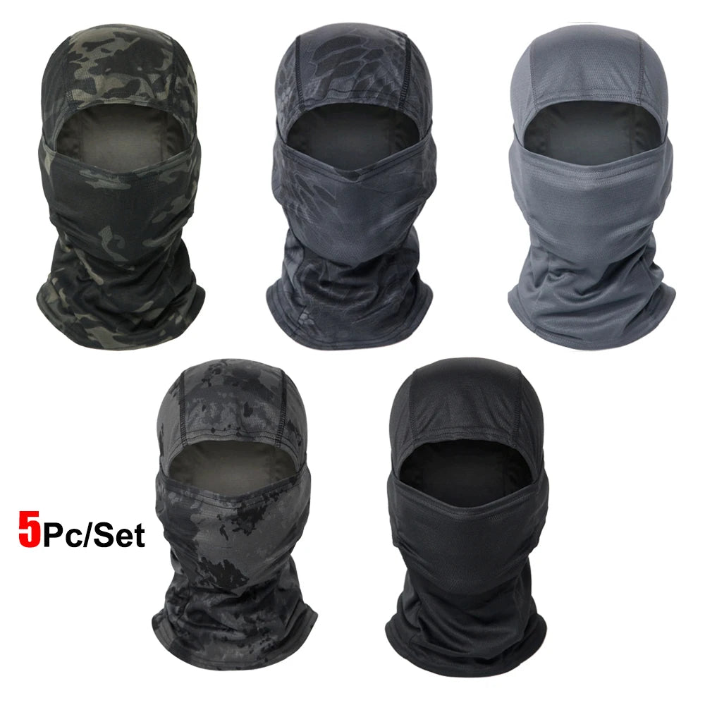 A set of five black and gray stretchy breathable balaclava caps shown in various folds and angles.