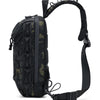 Sac tactique MOLLE noir avec sangle rembourrée, montré sur fond blanc.