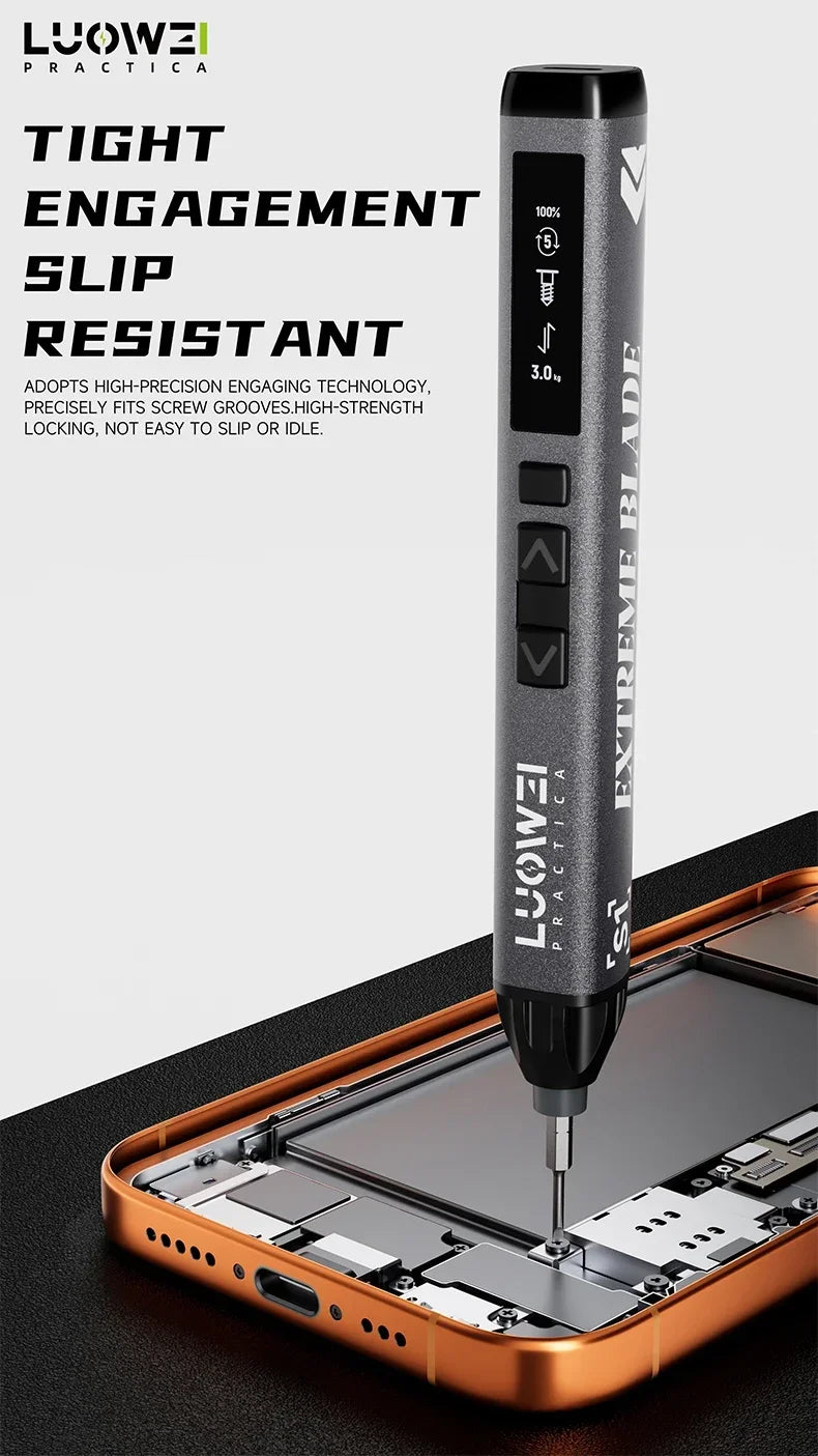 A black precision electric screwdriver is shown applying a screw to a smartphone, highlighting its tight engagement design.