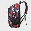 A versatile 16-inch laptop backpack featuring a multi-colored geometric pattern in red, black, and gray.