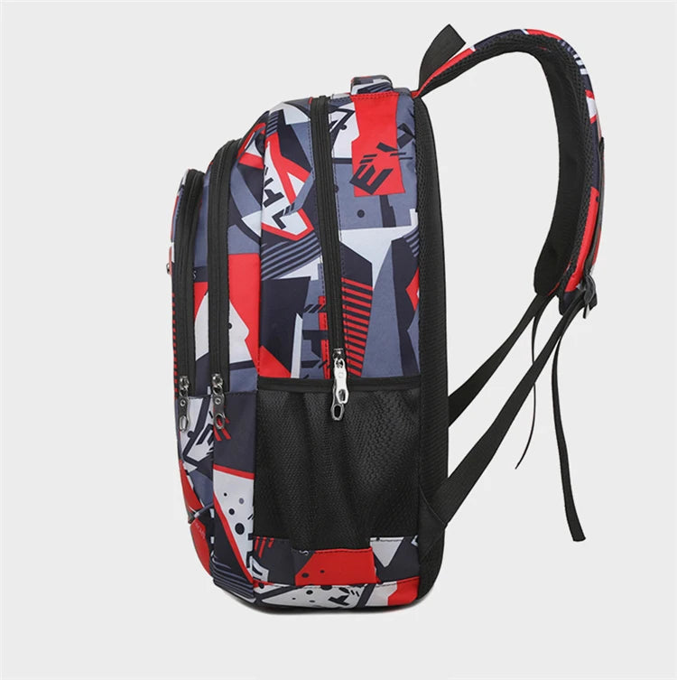 A versatile 16-inch laptop backpack featuring a multi-colored geometric pattern in red, black, and gray.
