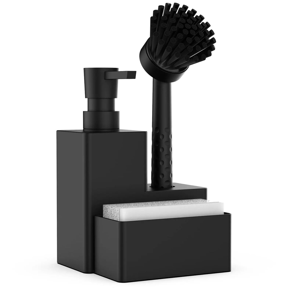 A black 3-in-1 kitchen soap dispenser featuring a pump, sponge holder, and brush.