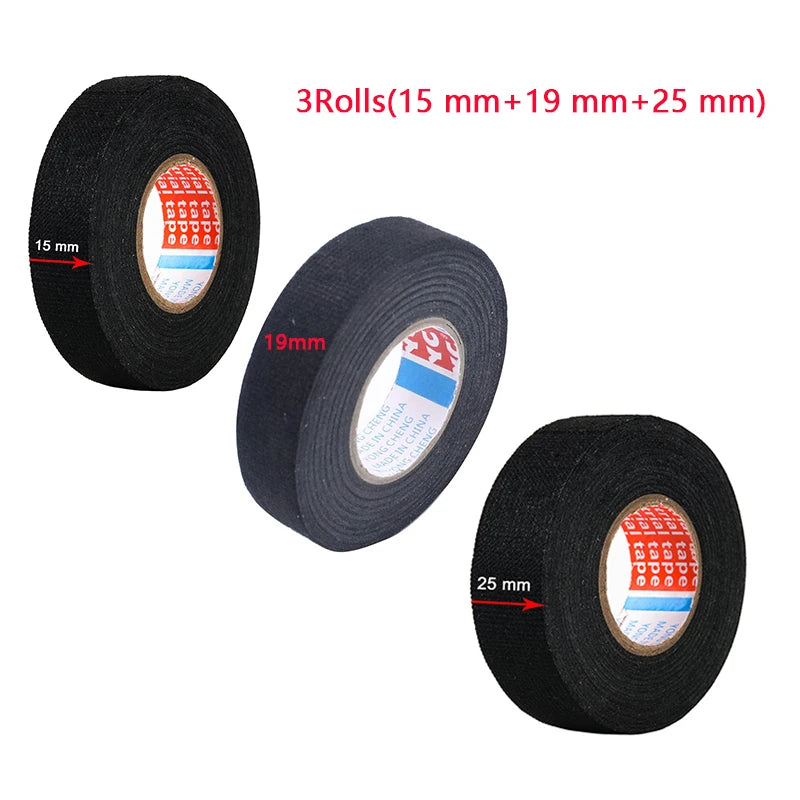 Trois bobines de ruban isolant électrique haute température en 15, 19 et 25 mm.